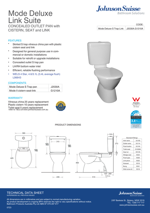 Johnson Suisse Mode Deluxe Plastic Link Toilet Suite S Trap