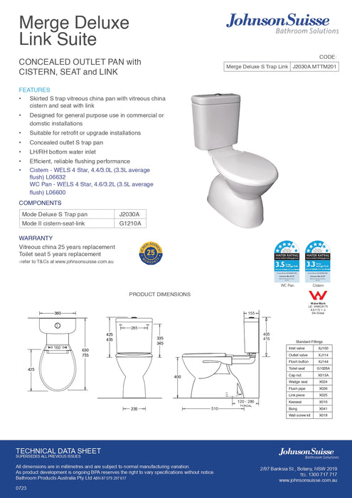 Johnsons Suisse Merge Deluxe Vc Link Toilet Suite S Trap