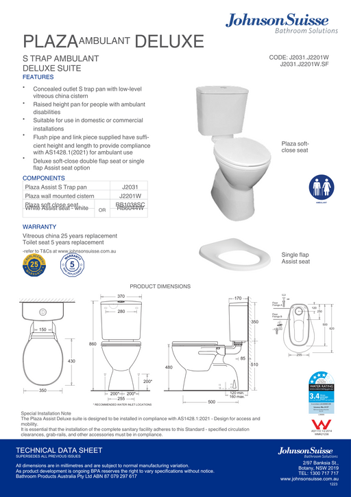 Johnson Suisse Plaza Ambulant Deluxe Vc Link Toilet Suite S Trap