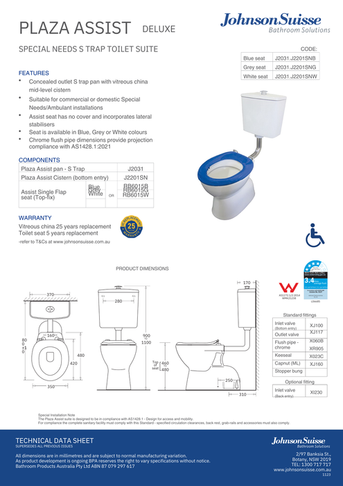 Johnson Suisse Plaza Assist Deluxe S Trap Suite, Blue Seat, Assist Button