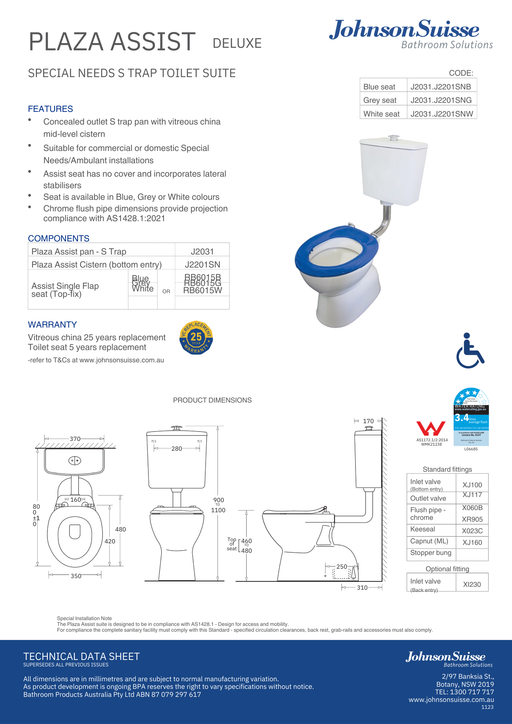 Johnson Suisse Plaza Assist Deluxe S Trap Suite, Blue Seat, Assist Button