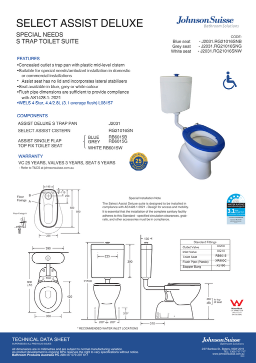 Johnson Suisse Select assist Dlxe plastic link toilet suite S trap incl grey SF seat/ raised CH/button