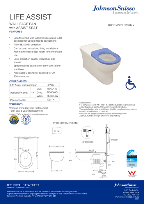 Johnson Suisse Life Assist wall faced Pan P trap incl grey SF seat & STND CNCTR