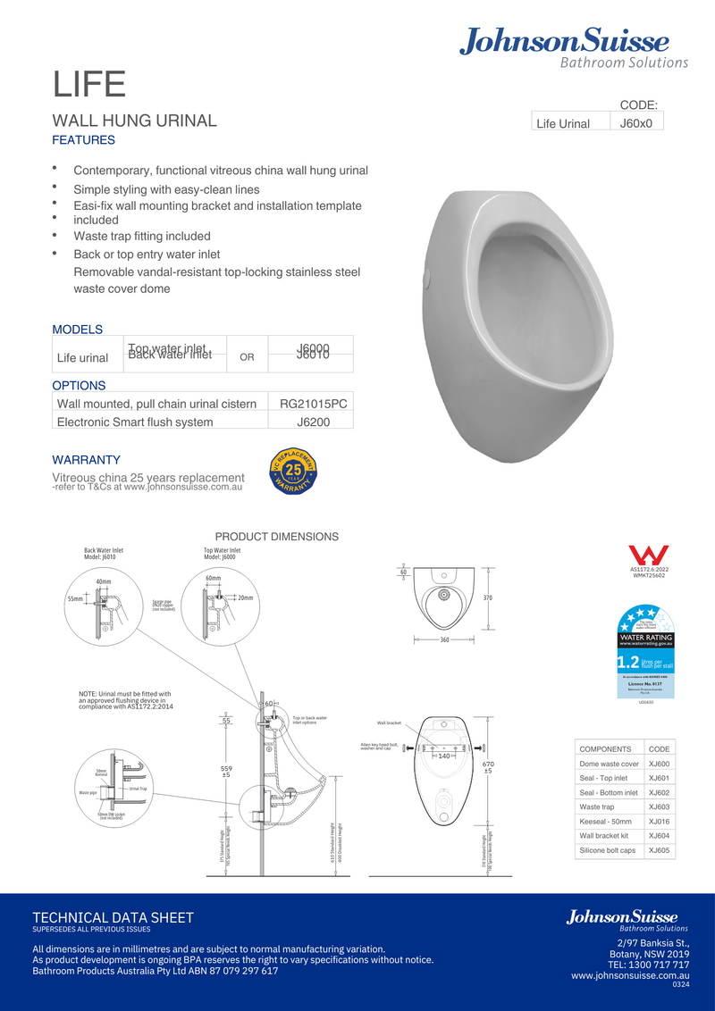 Johnson Suisse Life Urinal Back Entry