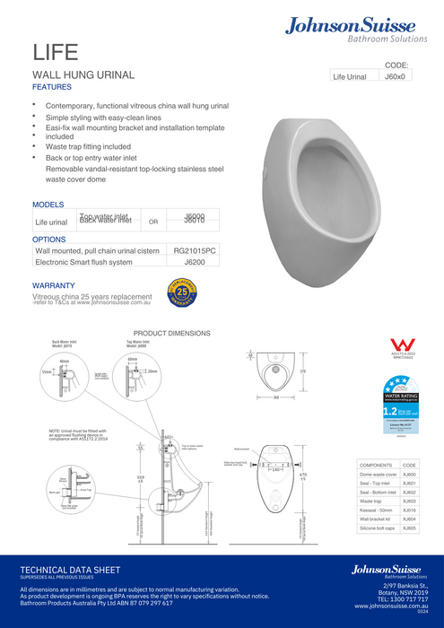 Johnson Suisse Life Urinal Back Entry