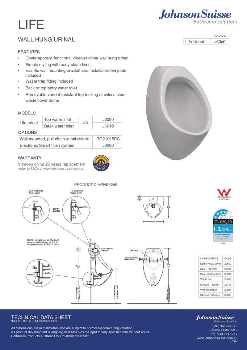 Johnson Suisse Life Back Entry Electronic Urinal Complete Suite