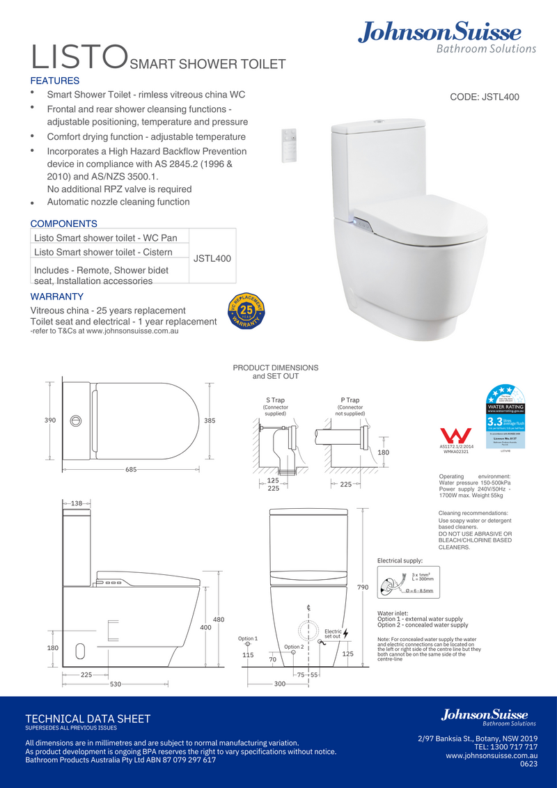 Johnson Suisse Listo Smart Toilet Rimless Suite