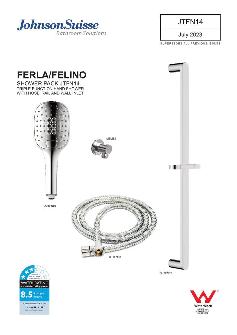 Johnson Suisse Ferla 3 Function Hand Shower With Hose, Sliding Rail & Water Inlet