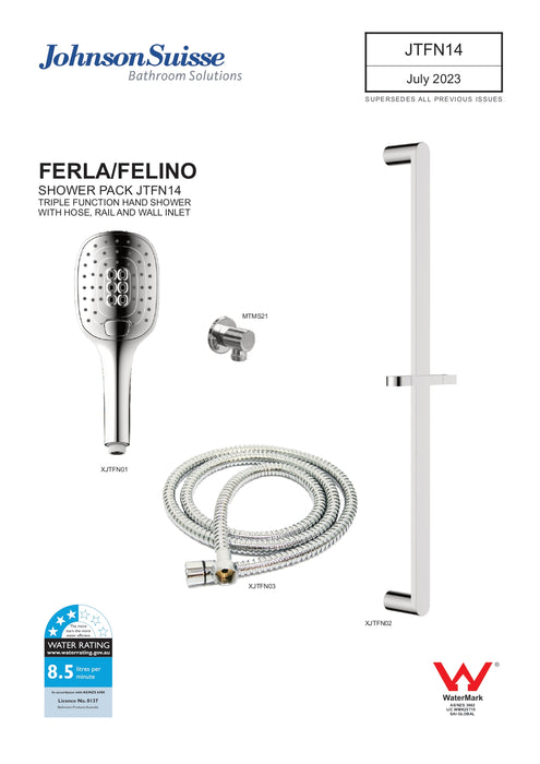 Johnsons Suisse Ferla 3 Function Hand Shower With Hose, Sliding Rail & Water Inlet