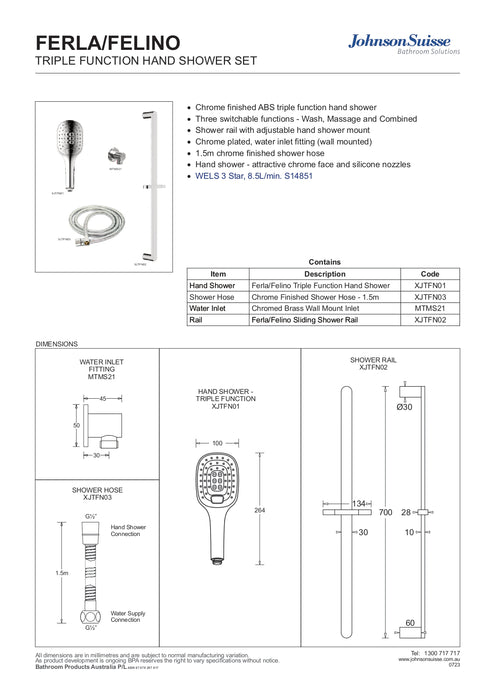 Johnsons Suisse Ferla 3 Function Hand Shower With Hose, Sliding Rail & Water Inlet