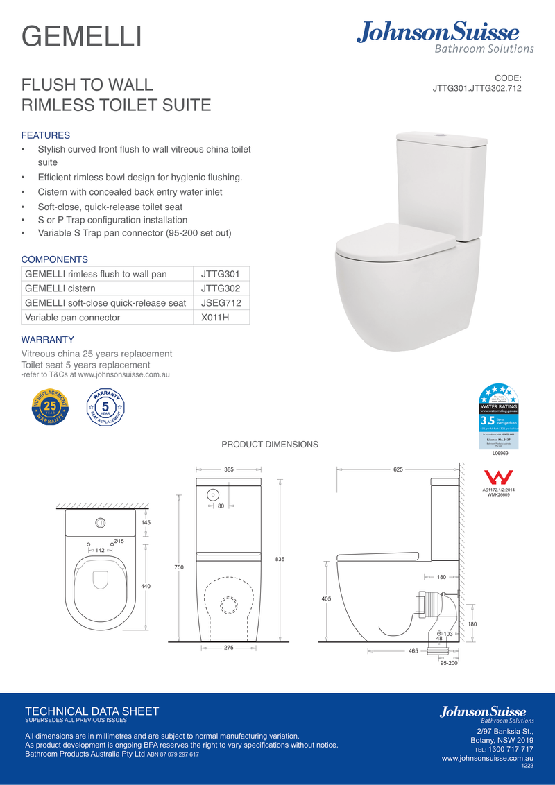 Johnson Suisse Gemelli Back To Wall Closed Coupled Rimless Toilet Suite With Seat