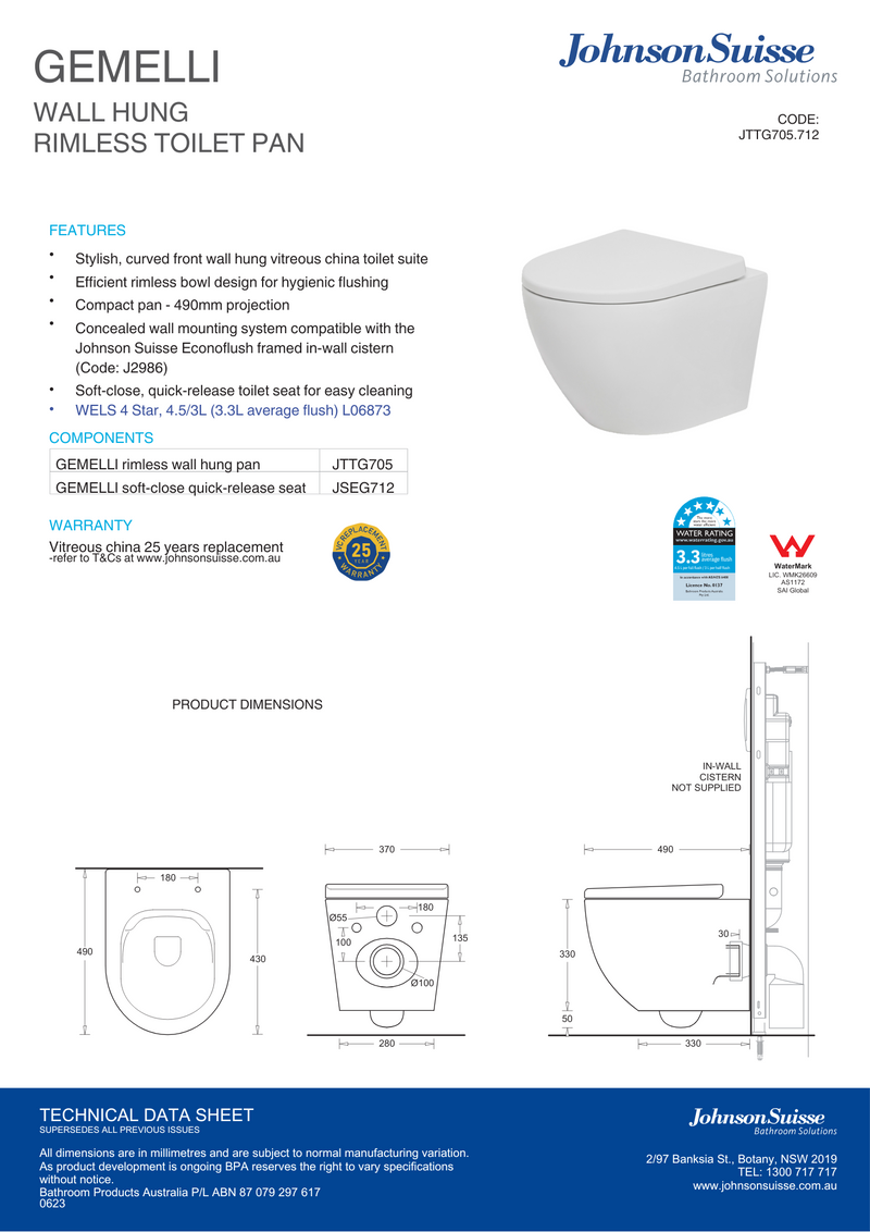 Johnson Suisse Gemelli Wall Hung Rimless Pan With Soft Close Seat