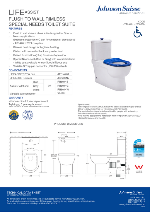 Johnson Suisse Life Assist Ftw Rimless Toilet Suite Incl Grey Sf Seat & Raised Chrome Button