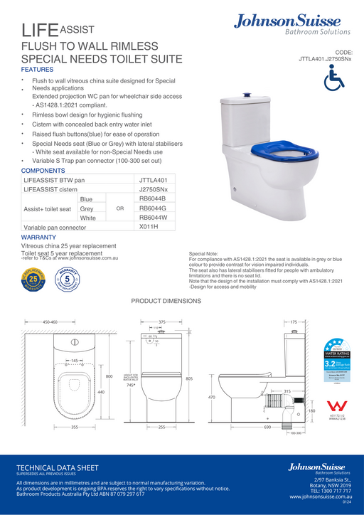 Johnson Suisse Life Assist Ftw Rimless Toilet Suite Incl Blue Sf Seat & Raised Chrome Button