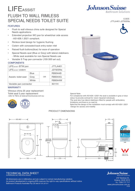 Life Assist Ftw Rimless Toilet Suite Incl White Sf Seat & Raised Chrome Button