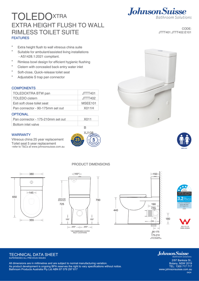 Johnson Suisse Toledo Xtra Rimless Standard Connector with Soft Close Seat
