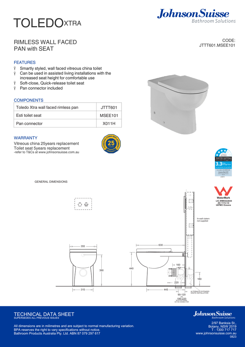 Johnson Suisse Toledo Wall Faced Rimless Pan With Esti Seat