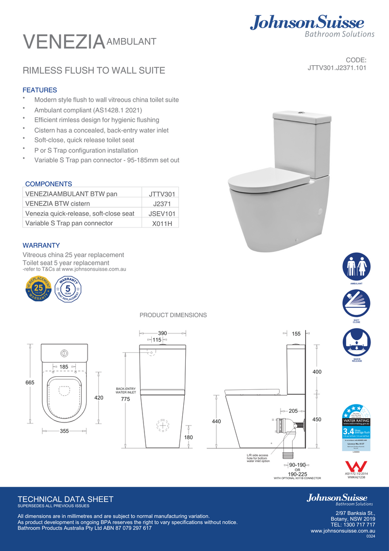 Johnson Suisse Venezia Ambulant Back To Wall Rimless Toilet Suite With Seat