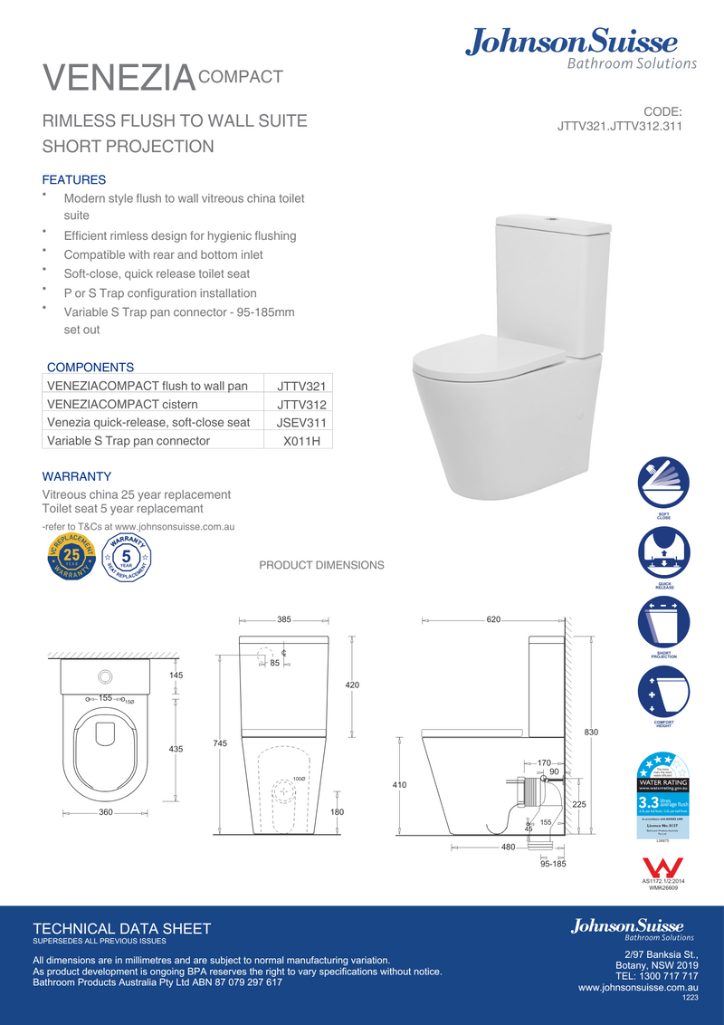 Johnson Suisse Venezia Closed Coupled Back To Wall Rimless Compact Toilet Suite With Soft Seat