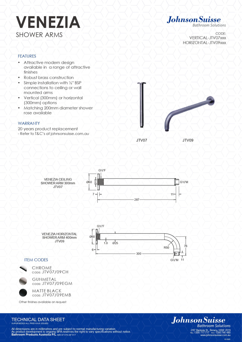 Johnson Suisse Venezia Wall Shower Arm 300mm Chrome