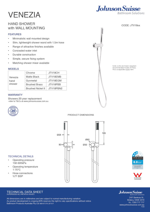 Johnsons Suisse Venezia Hand Shower With Wall Bracket