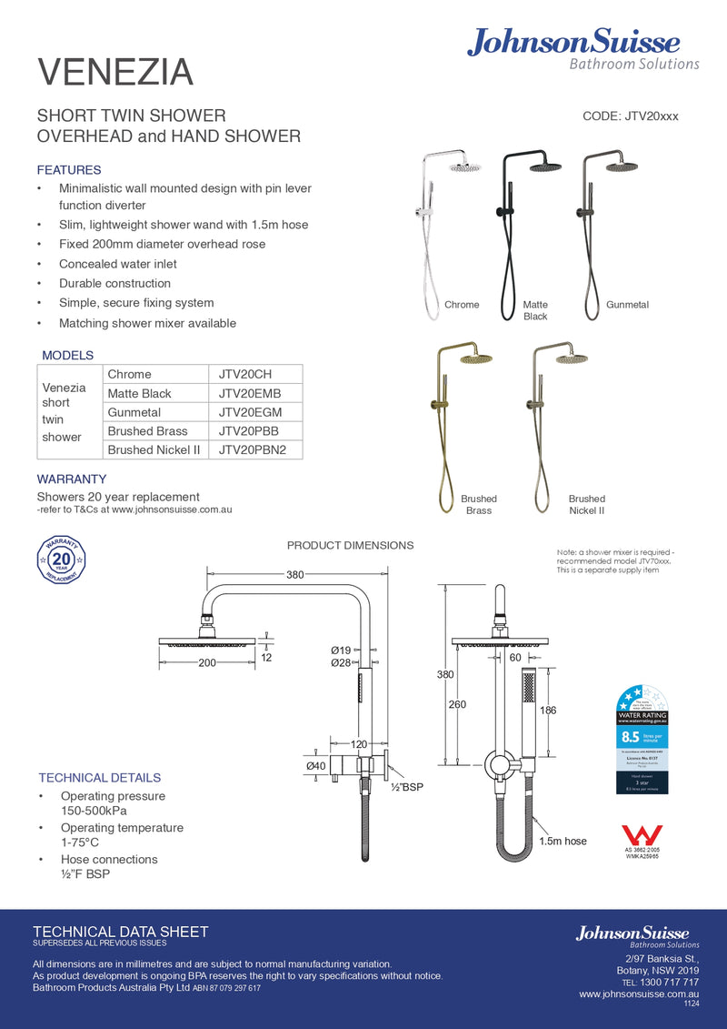 Johnson Suisse Venezia Short Twin Shower