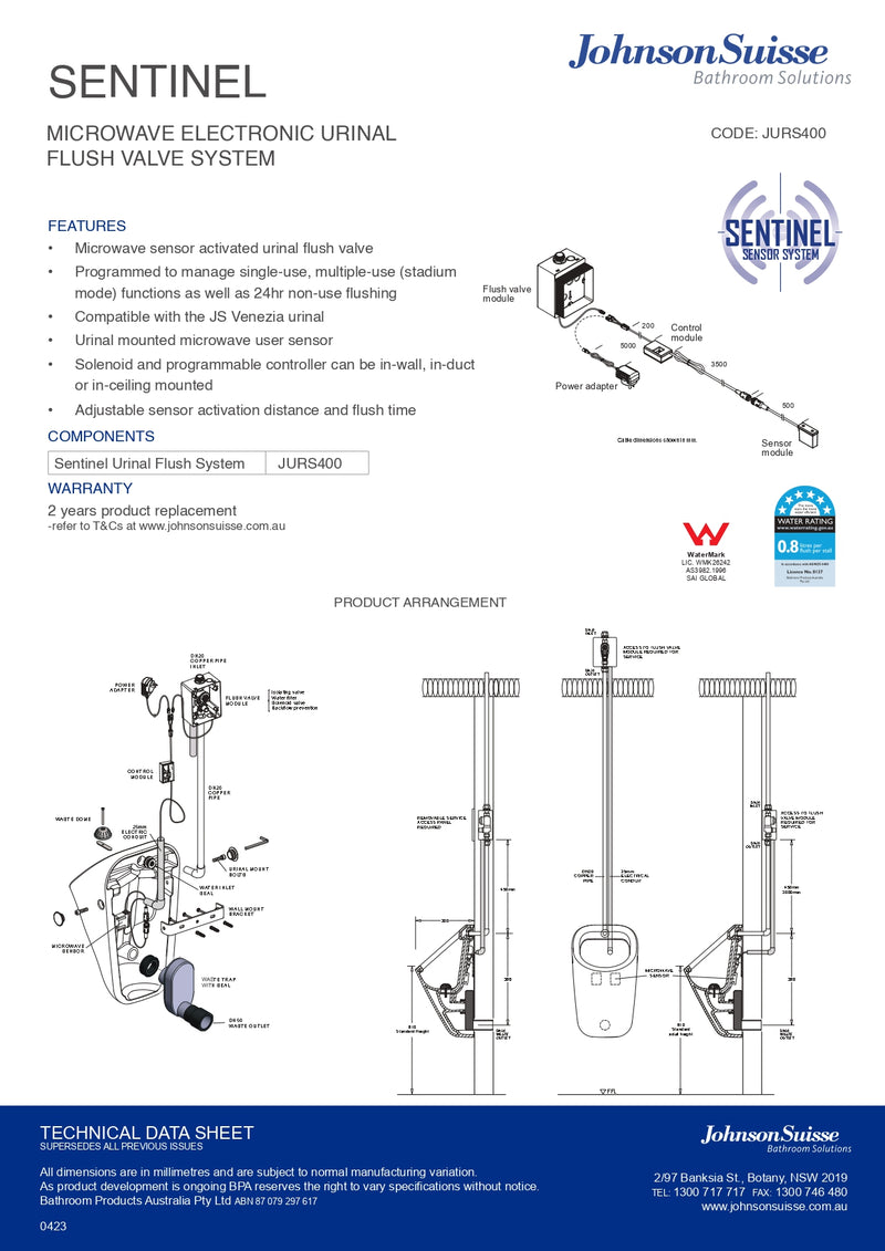 Johnson Suisse Sentinel Electronic Urinal Flush Valve Rough In Kit (not Including Sensor)