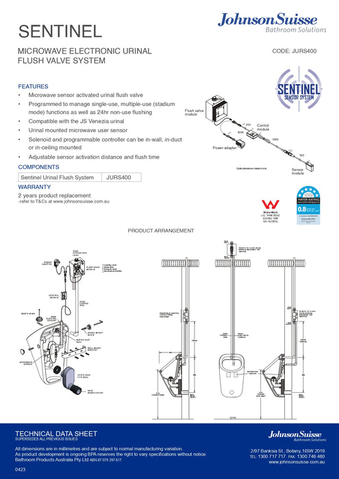 Johnsons Suisse Sentinel Electronic Urinal Flush Valve Rough In Kit (not Including Sensor)