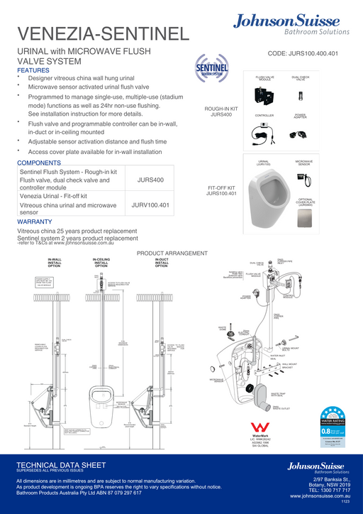 Johnson Suisse Venezia Sentinel Urinal With Microwave Flush Valve System