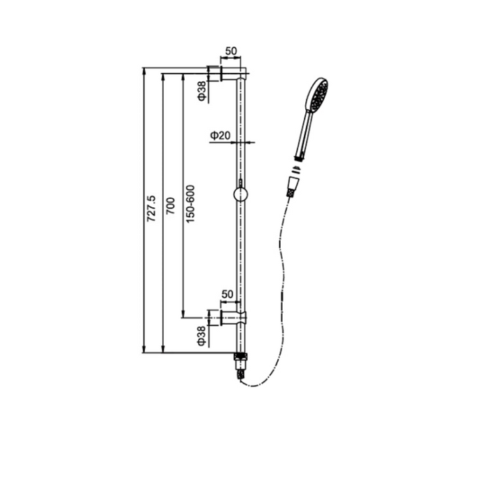 Round Shower Sgl FUNC Rail Set Centre Fixed