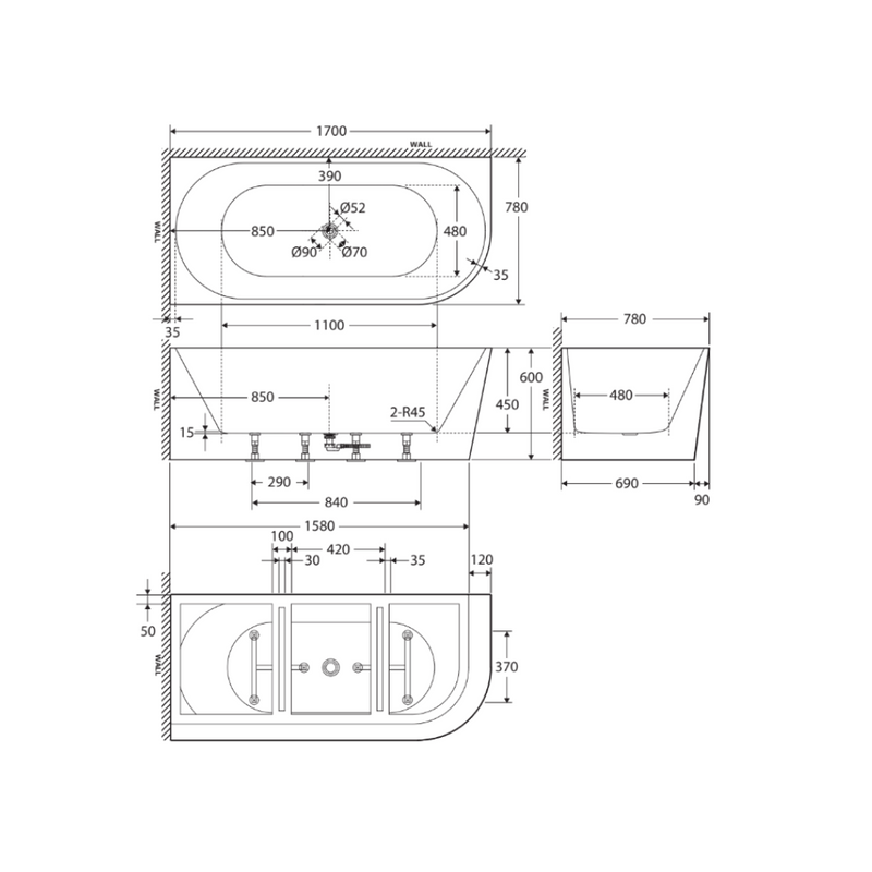 Fienza Isabella Right-Hand Acrylic Corner Bath, Gloss White, 1700mm