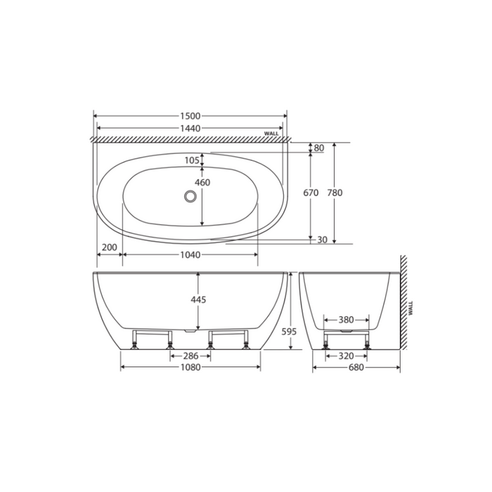 Fienza Keeto Back-To-Wall Acrylic Bath, 1500mm