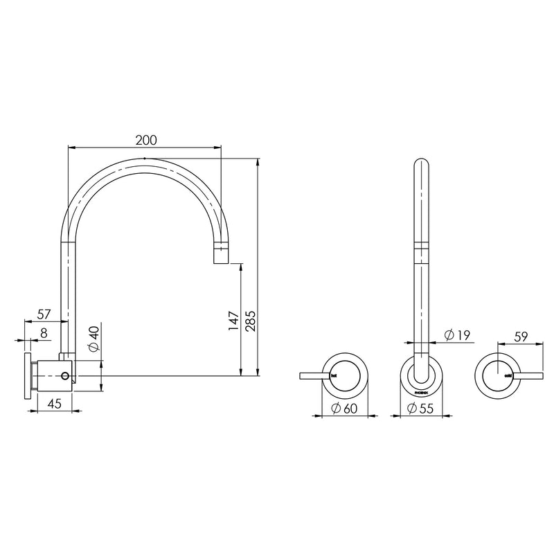 Phoenix Vivid Pin Lever Wall Sink Set 200mm Gooseneck