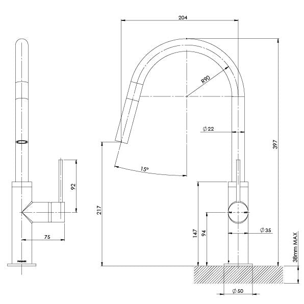 Phoenix Vivid Slimline Pull Out Sink Mixer 200mm