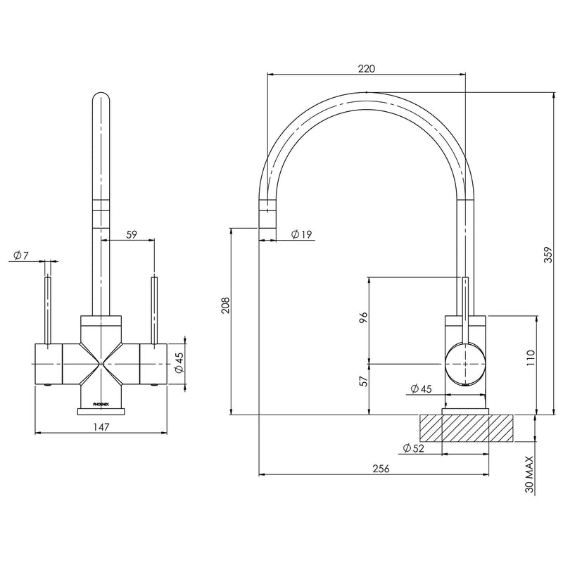 Phoenix Vivid Slimline Twin Handle Sink Mixer 220mm Gooseneck