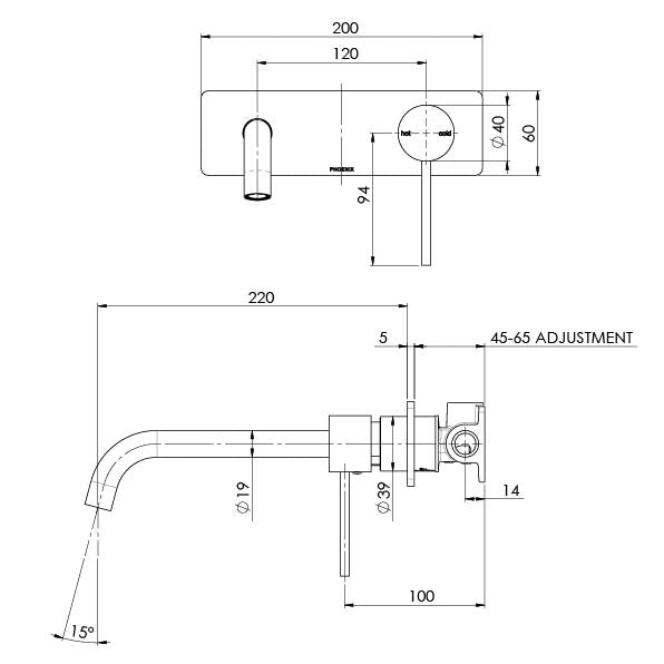 Phoenix Vivid Slimline Wall Bath Mixer Set 230mm Curved