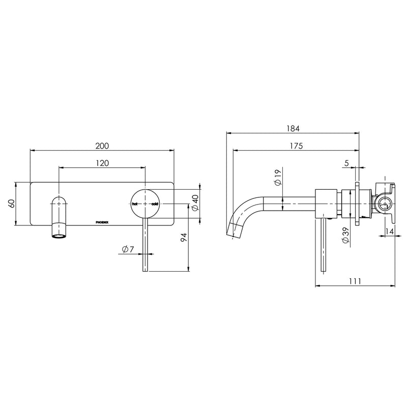 Phoenix Vivid Slimline Wall Basin Mixer Set 180mm Curved