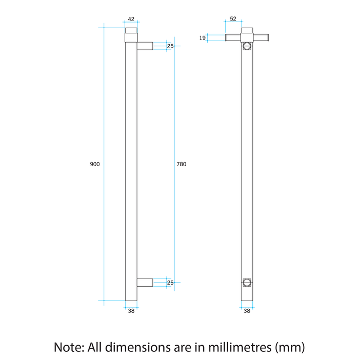 VS900HPL Straight Round 12V Vertical Single Heated Towel Rail