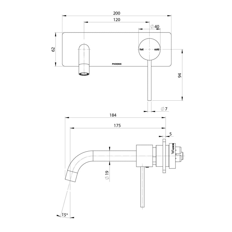 Phoenix Vivid Slimline SwitchMix Wall Basin / Bath Mixer Set 180mm Fit-Off Kit