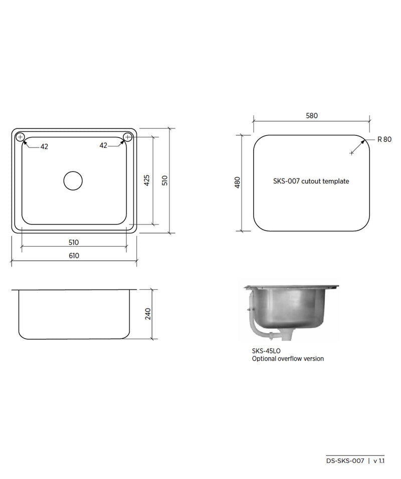 SEIMA Acero 007 Stainless Steel Laundry Sink, 45 Litre  2T Short Edge