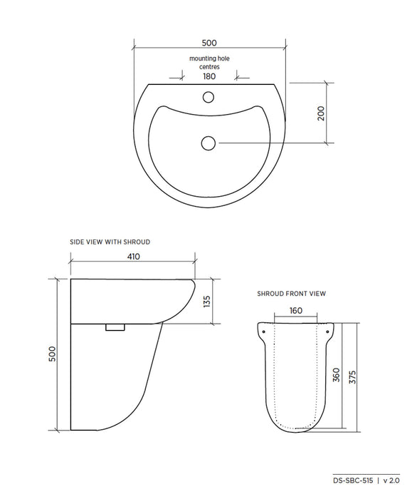 SEIMA Chios 515 Ceramic Wall Basin - Optional Shroud