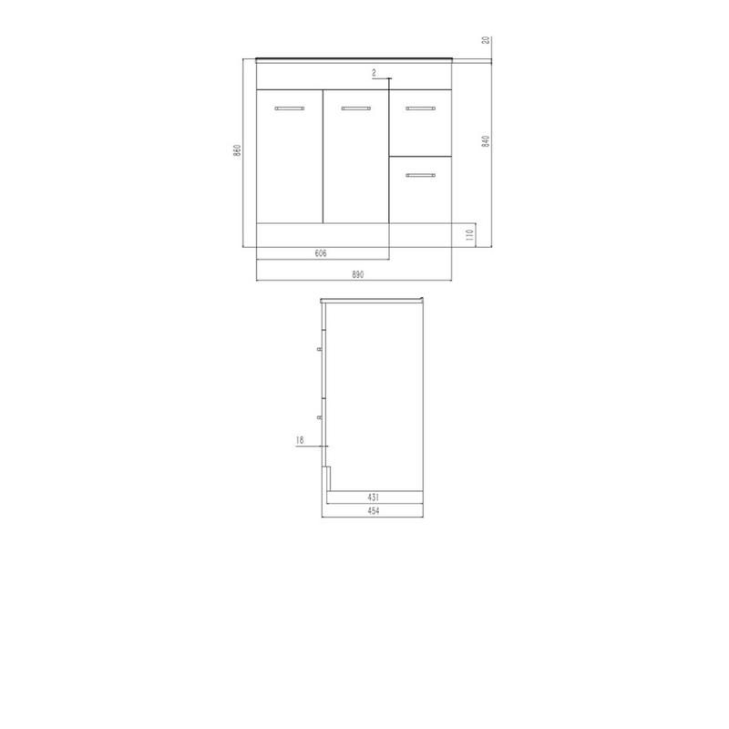 Azzura Ultra Series 90cm Vanity with 2 Doors and 2 Drawer