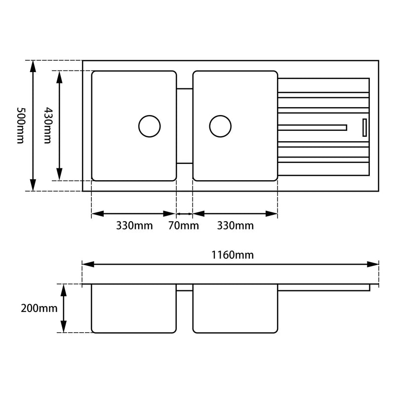Arete Stone Double Bowl Kitchen Sink with Drainboard (Top/Flush/Undermount) 1160*500*200mm