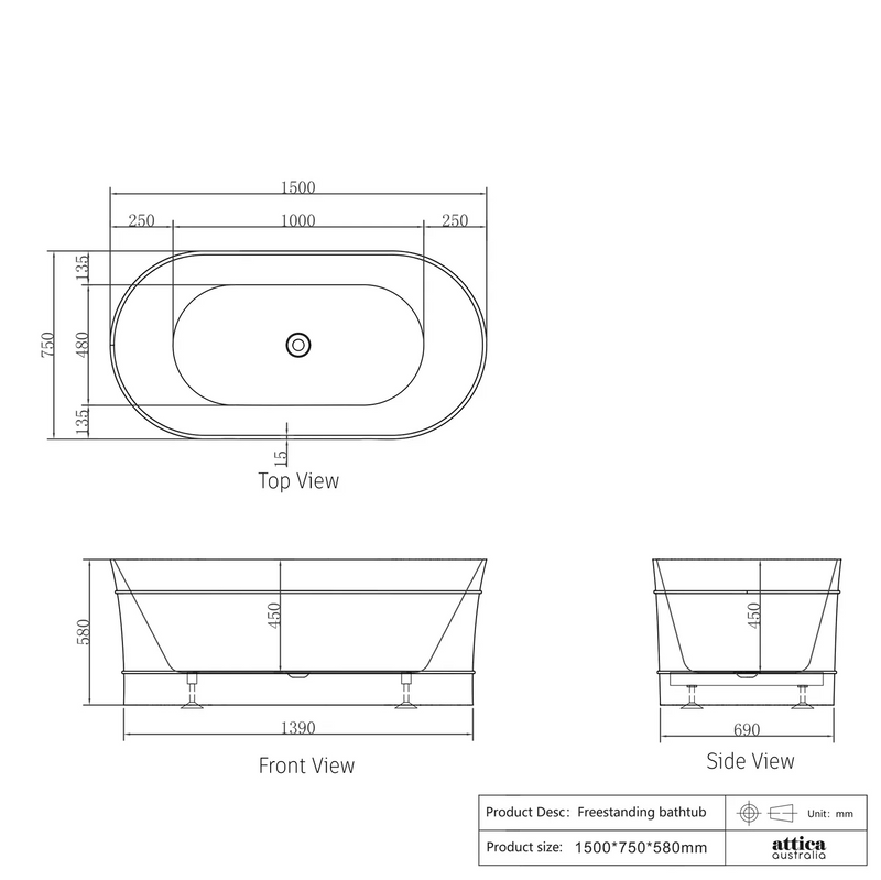 Otti Attica Bondi Freestanding Bath No Overflow