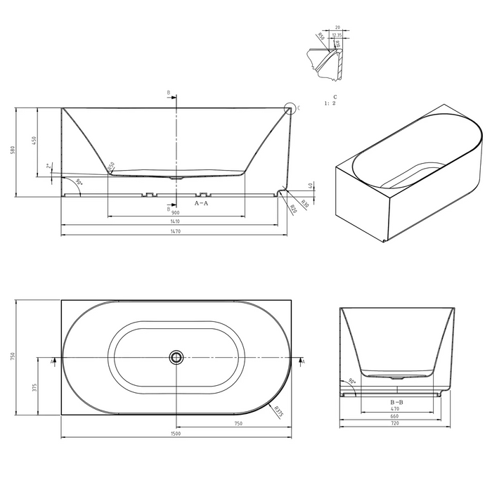 Otti Attica Celine 1500 Bath with Overflow