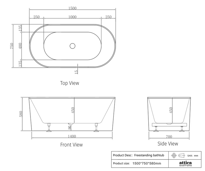 Otti Australia Attica Noosa Freestanding Bath with Overflow
