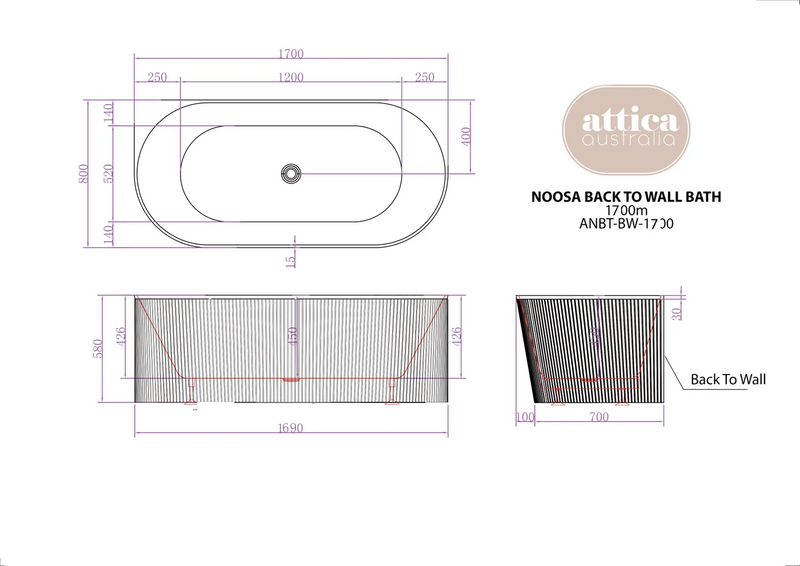 Otti Australia Attica Noosa Back to Wall Multi fit Bath