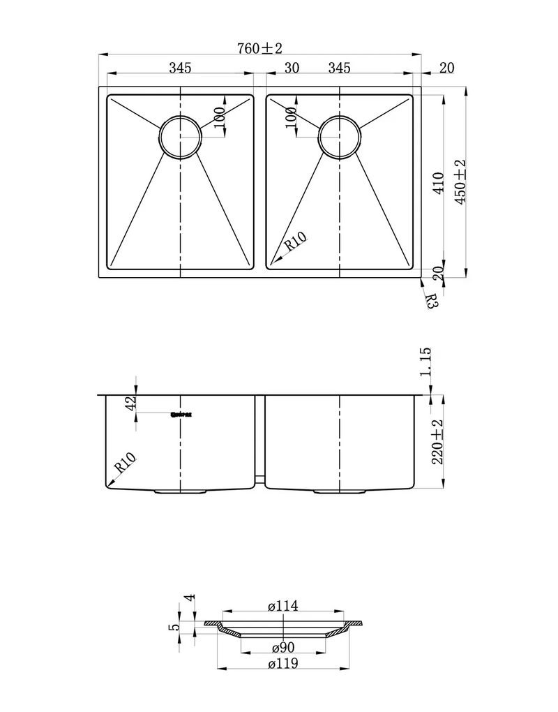 Otti Australia Arte Sink 76D 760X450X220X1.2 Sink