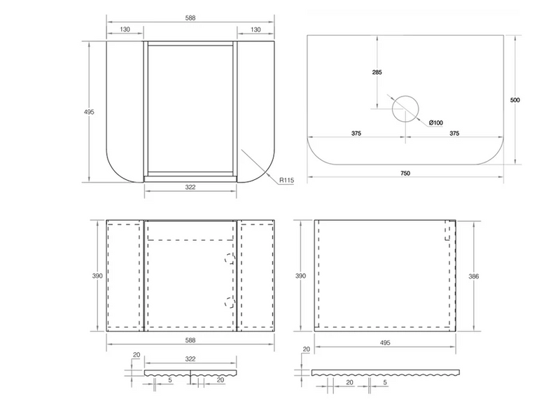 Cassa Design V-Groove Curved Wall Hung Vanity