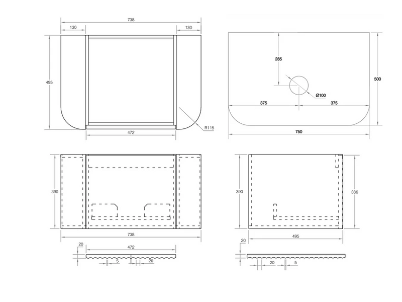 Cassa Design V-Groove Curved Wall Hung Vanity